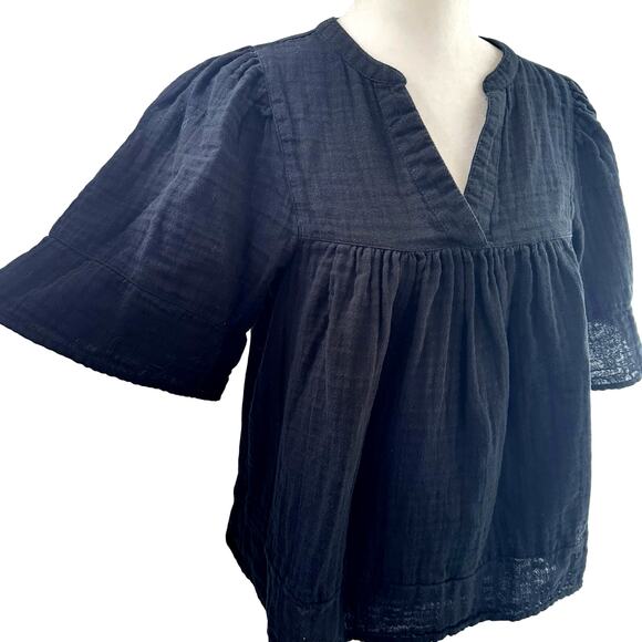 Old Navy Boho Prairie Black Cotton Textured Relaxed Fit Blouse XS Short Sleeve - Picture 4 of 8